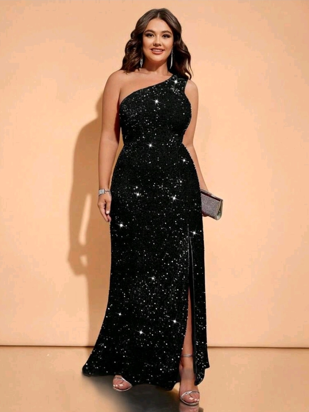 SHEIN Black One-Shoulder Sequin Evening Dress - 2XL
